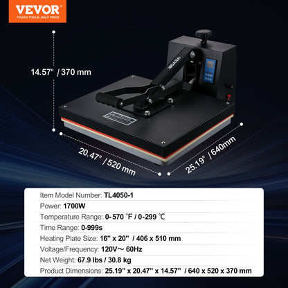 Heat Press 16x20, 1700W Power Heat Press Machine, Fast Heating, High Pressure Heat Press Machine for T-Shirt, Digital Industrial Sublimation Printer for Heat Transfer Vinyl, Easy to Use, Black