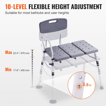 Tub Transfer Bench for Bathtub, Adjustable Shower Seats for Adults, Lightweight Shower Bench for Elderly and Disabled, Non-Slip Bath Seats with Armrest and Reversible Backrest, 400lbs Capacity