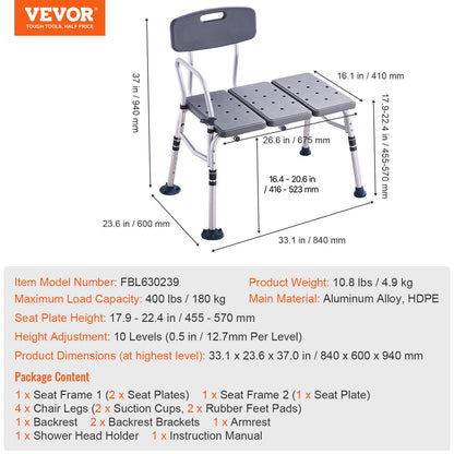 Tub Transfer Bench for Bathtub, Adjustable Shower Seats for Adults, Lightweight Shower Bench for Elderly and Disabled, Non-Slip Bath Seats with Armrest and Reversible Backrest, 400lbs Capacity