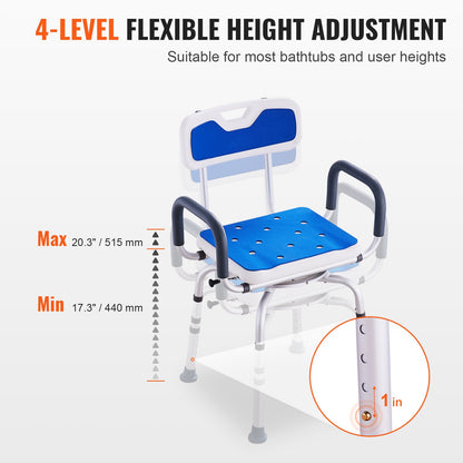 Swivel Shower Chair 360 Degree, Adjustable Shower Seat with Armrests and Backrest for Inside Shower or Bathtub, Non-Slip Rotating Bathtub Chair Seat for Elderly Disabled Injured, 400lbs Capacity
