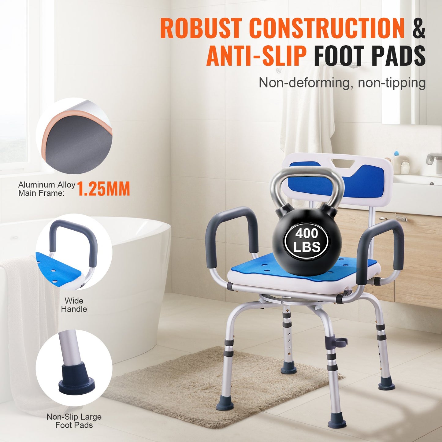 Swivel Shower Chair 360 Degree, Adjustable Shower Seat with Armrests and Backrest for Inside Shower or Bathtub, Non-Slip Rotating Bathtub Chair Seat for Elderly Disabled Injured, 400lbs Capacity