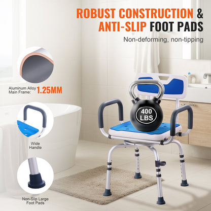 Swivel Shower Chair 360 Degree, Adjustable Shower Seat with Armrests and Backrest for Inside Shower or Bathtub, Non-Slip Rotating Bathtub Chair Seat for Elderly Disabled Injured, 400lbs Capacity