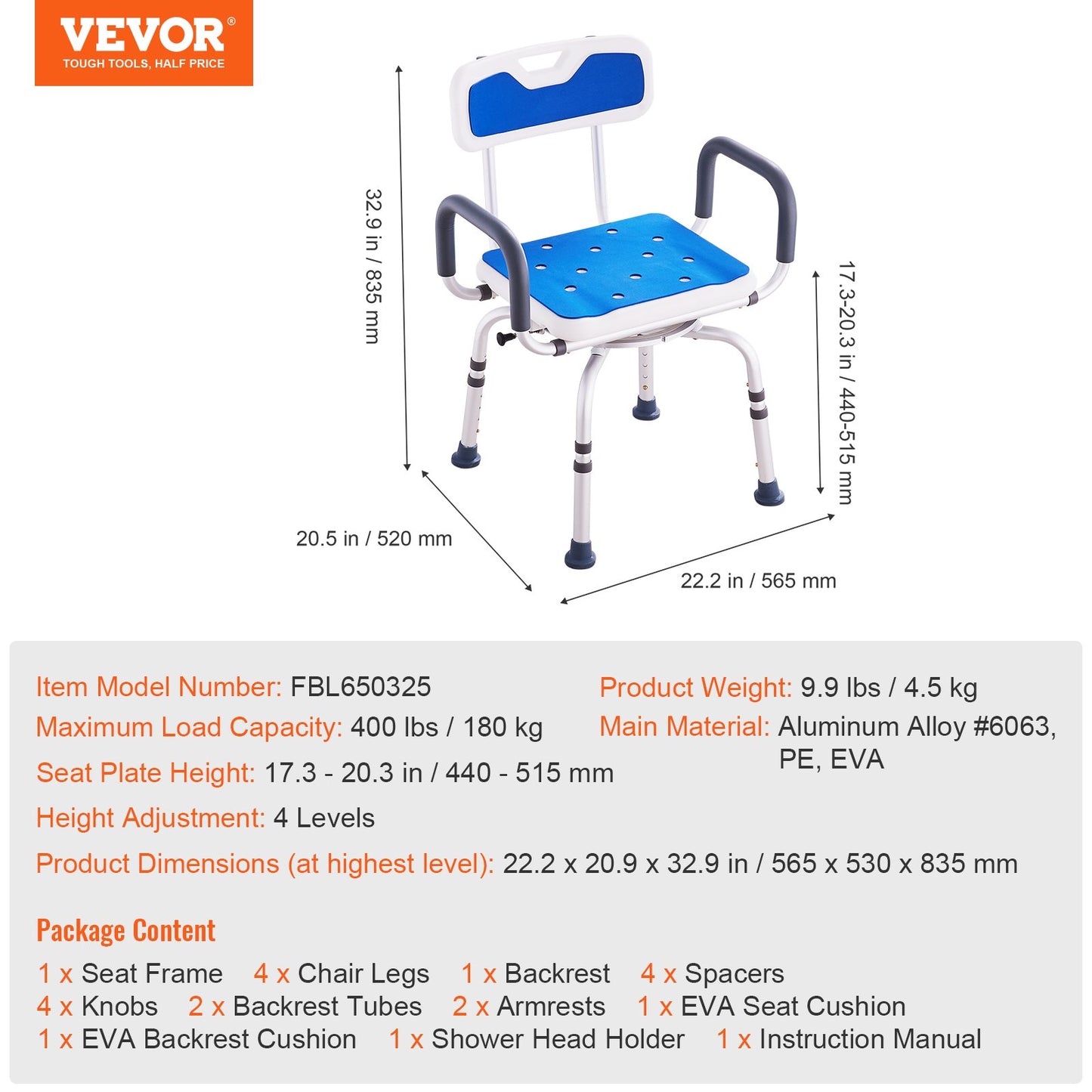 Swivel Shower Chair 360 Degree, Adjustable Shower Seat with Armrests and Backrest for Inside Shower or Bathtub, Non-Slip Rotating Bathtub Chair Seat for Elderly Disabled Injured, 400lbs Capacity