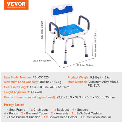 Swivel Shower Chair 360 Degree, Adjustable Shower Seat with Armrests and Backrest for Inside Shower or Bathtub, Non-Slip Rotating Bathtub Chair Seat for Elderly Disabled Injured, 400lbs Capacity