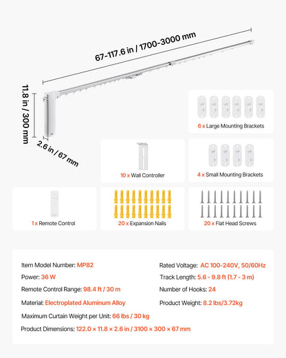 Smart Electric Curtain Track, 71-118 inch Adjustable Length, Motorized Rod with Remote, Ceiling and Wall Mount, Automated Curtain Track System Compatible with Alexa, Google Home, App Control