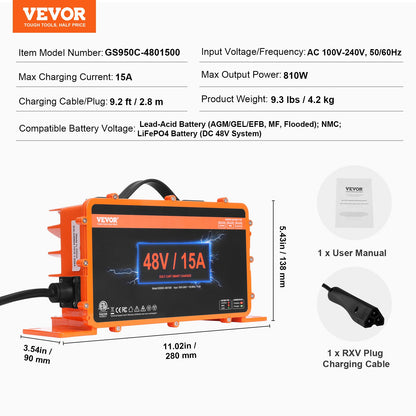 48 Volt Golf Cart Battery Charger, 15 AMP, Smart Battery Charger with RXV Plug, Compatible with Lead-Acid AGM/GEL/EFB MF Flooded NMC LiFePO4 Batteries for EZGO TXT, IP67 Waterproof ETL Certified