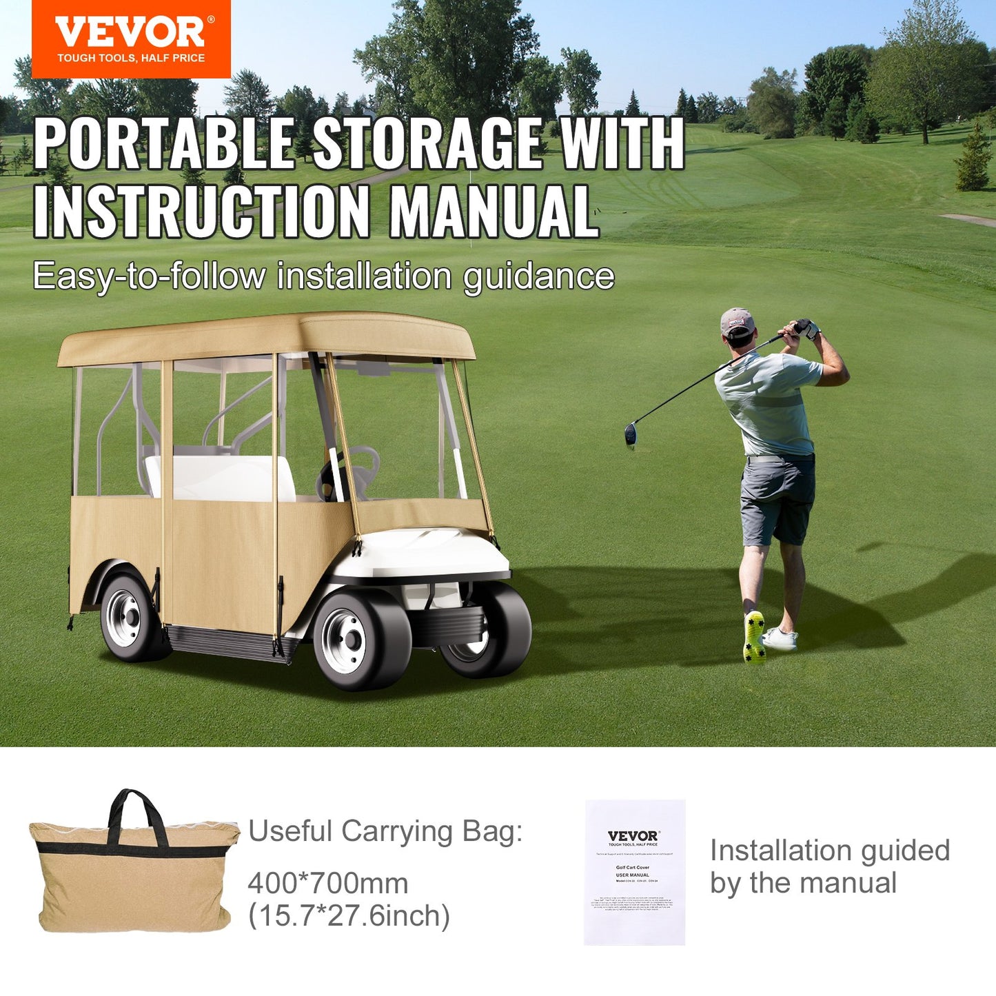 Golf Cart Enclosure, with 4-Sided Fairway Deluxe, 300D Waterproof Driving Enclosure with Transparent Windows, Fit for 2+2 Seats Golf Carts (Roof Up to 78.7''L)