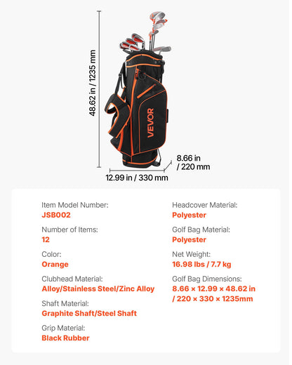 Golf Club Set, 12 Pieces Women's Golf Club Complete Set Right Handed with 460CC #1 Driver, #3 & 5 Fairway Wood, #4 Hybrid, #5/#6/#7/#8/#9/#PW/#SW Irons, L-Shaped Putter, Golf Stand Bag, Orange
