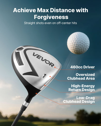 Golf Club Set, 12 Pieces Men's Complete Golf Club Set Right Handed with 460CC #1 Driver, #3 & 5 Fairway Wood, #4 Hybrid, #5/#6/#7/#8/#9/#PW/#SW Irons, L-Shaped Putter, Golf Stand Bag, Black