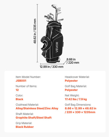Golf Club Set, 12 Pieces Men's Complete Golf Club Set Right Handed with 460CC #1 Driver, #3 & 5 Fairway Wood, #4 Hybrid, #5/#6/#7/#8/#9/#PW/#SW Irons, L-Shaped Putter, Golf Stand Bag, Black