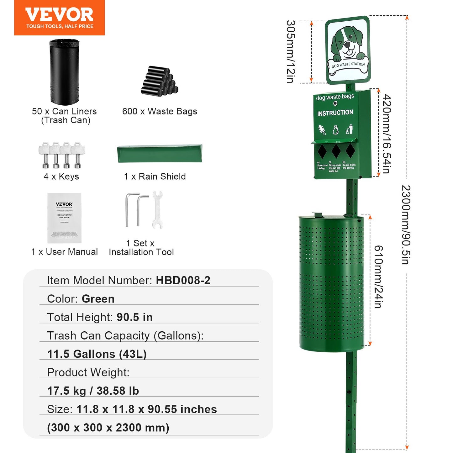 Hundekotstation, 11,5 Gallonen, Hundekotstation für den Außenbereich mit 600 Beuteln