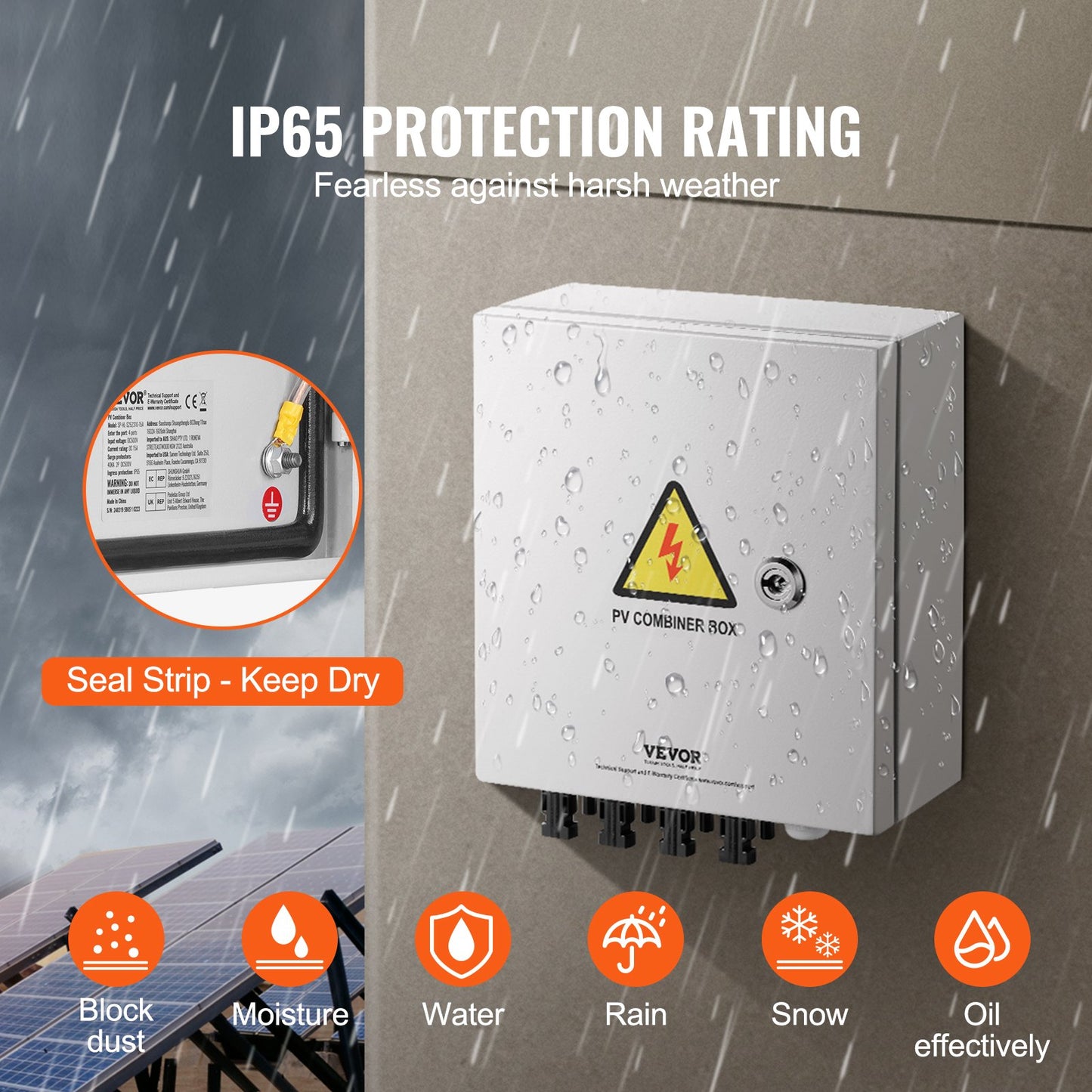 PV Combiner Box, 4 String, Solar Combiner Box with 15A Rated Current Fuse 63A Circuit Breaker Lightning Arrester and Solar Connector, Steel Case for On / Off Grid Solar Panel System, IP65