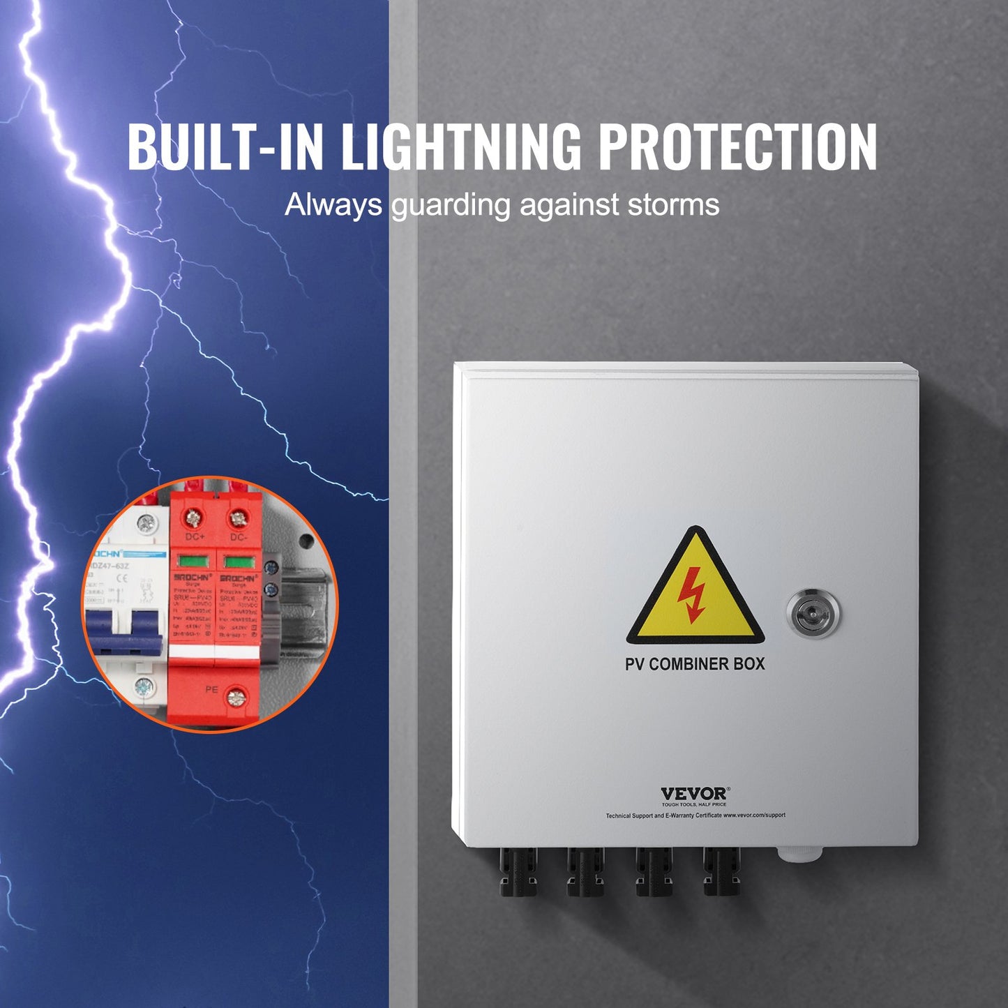 PV Combiner Box, 4 String, Solar Combiner Box with 15A Rated Current Fuse 63A Circuit Breaker Lightning Arrester and Solar Connector, Steel Case for On / Off Grid Solar Panel System, IP65