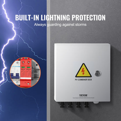 PV Combiner Box, 4 String, Solar Combiner Box with 15A Rated Current Fuse 63A Circuit Breaker Lightning Arrester and Solar Connector, Steel Case for On / Off Grid Solar Panel System, IP65