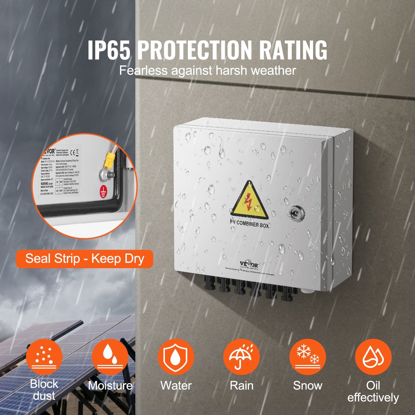 PV Combiner Box, 6 String, Solar Combiner Box with 15A Rated Current Fuse 125A Circuit Breaker Lightning Arrester and Solar Connector, Steel Case for On / Off Grid Solar Panel System, IP65