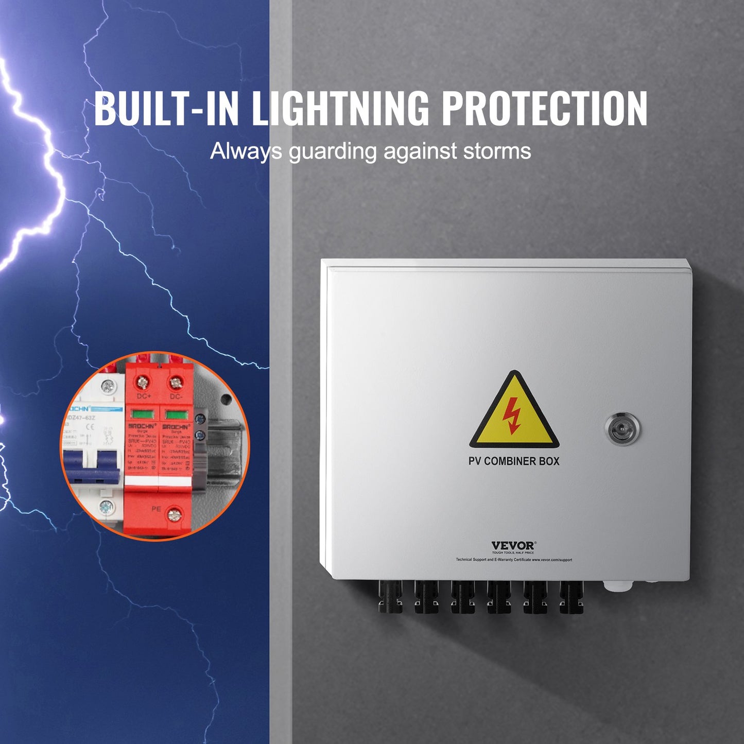 PV Combiner Box, 6 String, Solar Combiner Box with 15A Rated Current Fuse 125A Circuit Breaker Lightning Arrester and Solar Connector, Steel Case for On / Off Grid Solar Panel System, IP65