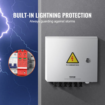 PV Combiner Box, 6 String, Solar Combiner Box with 15A Rated Current Fuse 125A Circuit Breaker Lightning Arrester and Solar Connector, Steel Case for On / Off Grid Solar Panel System, IP65