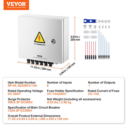 PV Combiner Box, 6 String, Solar Combiner Box with 15A Rated Current Fuse 125A Circuit Breaker Lightning Arrester and Solar Connector, Steel Case for On / Off Grid Solar Panel System, IP65