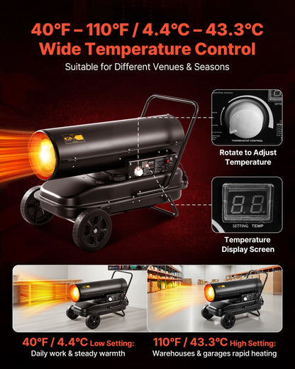 125000 BTU Forced Air Kerosene Diesel Heater, Portable Torpedo Space Heater with Wheels & Adjustable Temp, Blower-Type for Jobsite/Garage/Warehouse/Workshop Construction /Outdoor Heating,Black