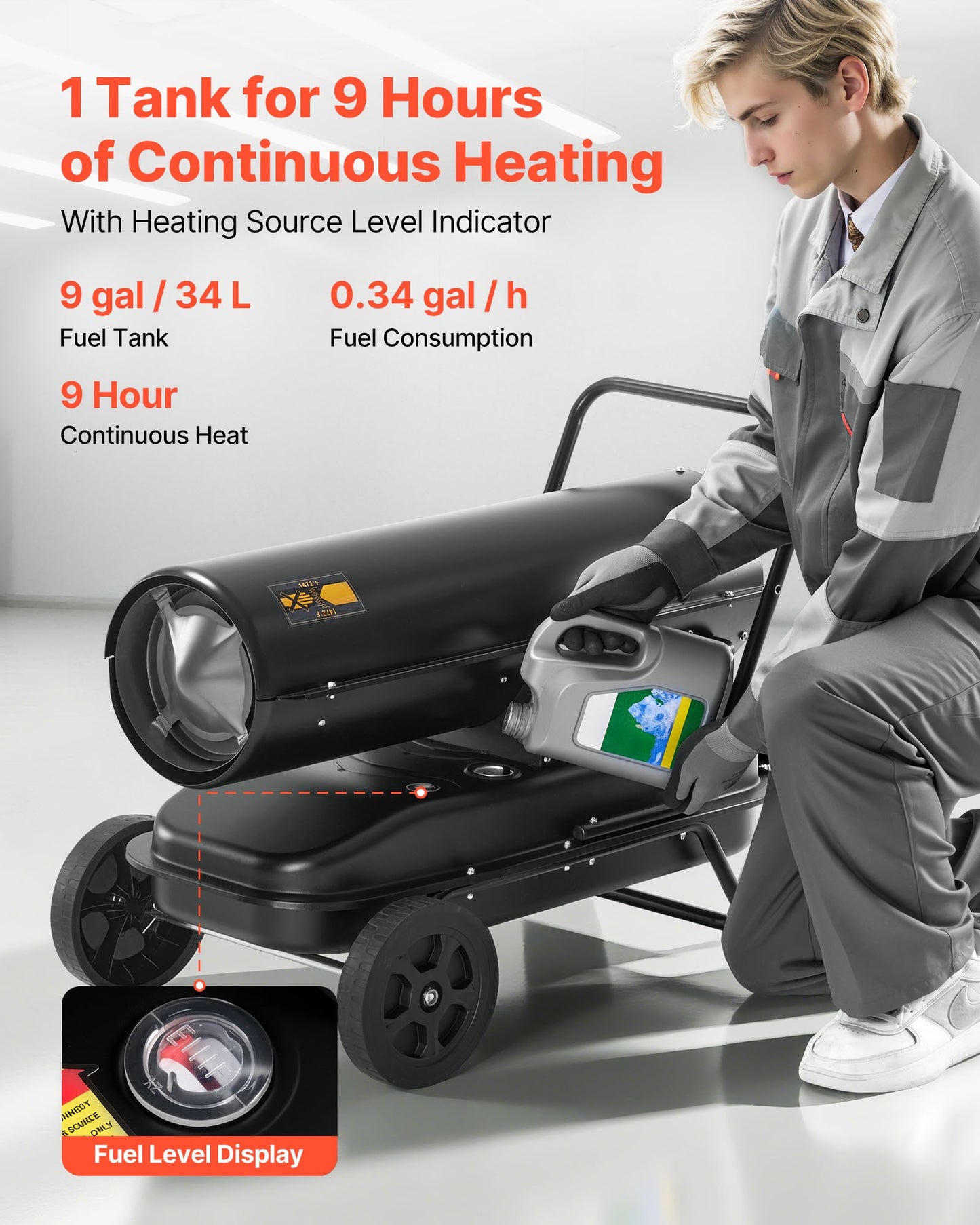 125000 BTU Forced Air Kerosene Diesel Heater, Portable Torpedo Space Heater with Wheels & Adjustable Temp, Blower-Type for Jobsite/Garage/Warehouse/Workshop Construction /Outdoor Heating,Black
