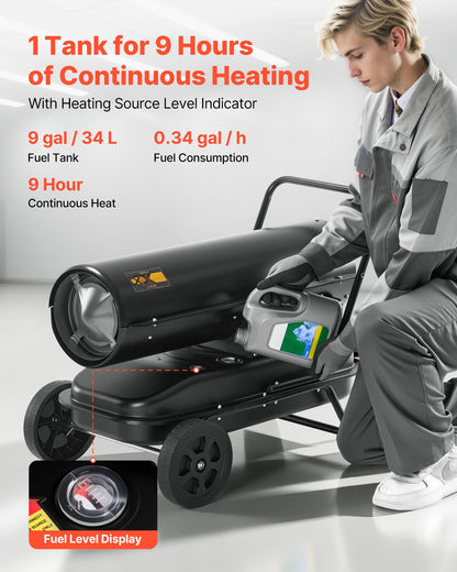125000 BTU Forced Air Kerosene Diesel Heater, Portable Torpedo Space Heater with Wheels & Adjustable Temp, Blower-Type for Jobsite/Garage/Warehouse/Workshop Construction /Outdoor Heating,Black