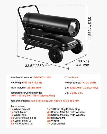 125000 BTU Forced Air Kerosene Diesel Heater, Portable Torpedo Space Heater with Wheels & Adjustable Temp, Blower-Type for Jobsite/Garage/Warehouse/Workshop Construction /Outdoor Heating,Black