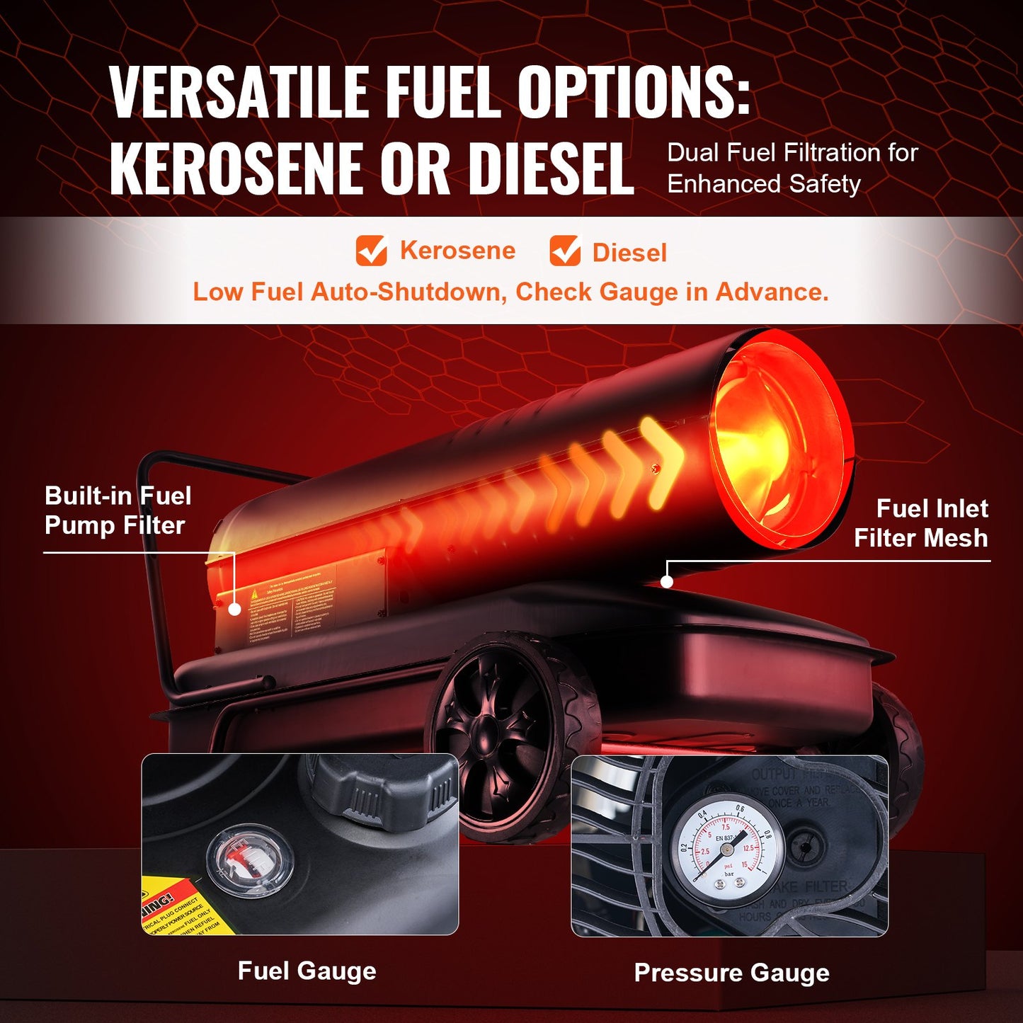 Kerosene Forced Air Heater, 215000 BTU Portable Torpedo Diesel Space Heater with Thermostat, 13.2 Gallon Tank Energy-Efficient heavy-duty Heater, for Indoor Outdoor Use Workshop Industry