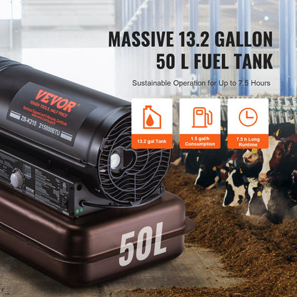 Kerosene Forced Air Heater, 215000 BTU Portable Torpedo Diesel Space Heater with Thermostat, 13.2 Gallon Tank Energy-Efficient heavy-duty Heater, for Indoor Outdoor Use Workshop Industry