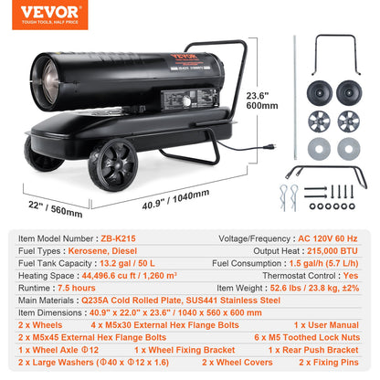 Kerosene Forced Air Heater, 215000 BTU Portable Torpedo Diesel Space Heater with Thermostat, 13.2 Gallon Tank Energy-Efficient heavy-duty Heater, for Indoor Outdoor Use Workshop Industry