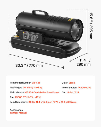 45000 BTU Forced Air Kerosene Diesel Heater, Portable Torpedo Space Heater with Handle, Blower-Type for Jobsite/Garage/Warehouse/Workshop Construction /Outdoor Heating,Black