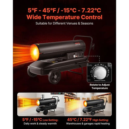 50kW varmluftsdriven fotogendieselvärmare, bärbar torpedvärmare med hjul och justerbar temperatur, fläkttyp för arbetsplats/garage/lager/verkstad/bygg/utomhusvärme, svart |  EU