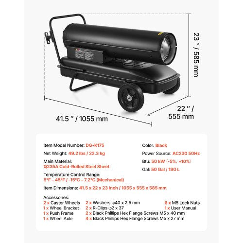 50kW varmluftsdriven fotogendieselvärmare, bärbar torpedvärmare med hjul och justerbar temperatur, fläkttyp för arbetsplats/garage/lager/verkstad/bygg/utomhusvärme, svart |  EU