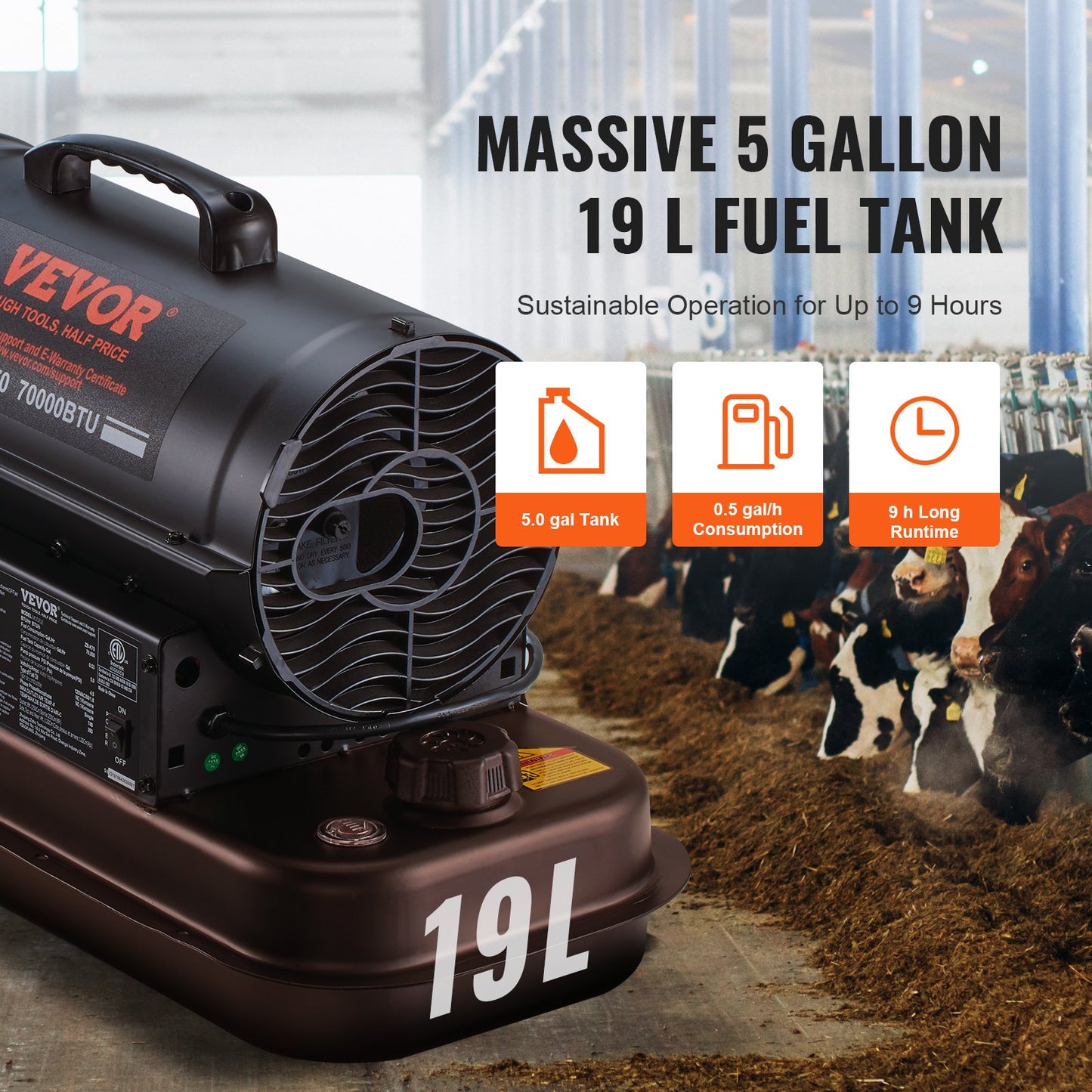 Kerosene Forced Air Heater, 70000 BTU Portable Torpedo Diesel Space Heater with Thermostat, 5 Gallon Tank Energy-Efficient heavy-duty Heater, for Indoor Outdoor Use Workshop Industry