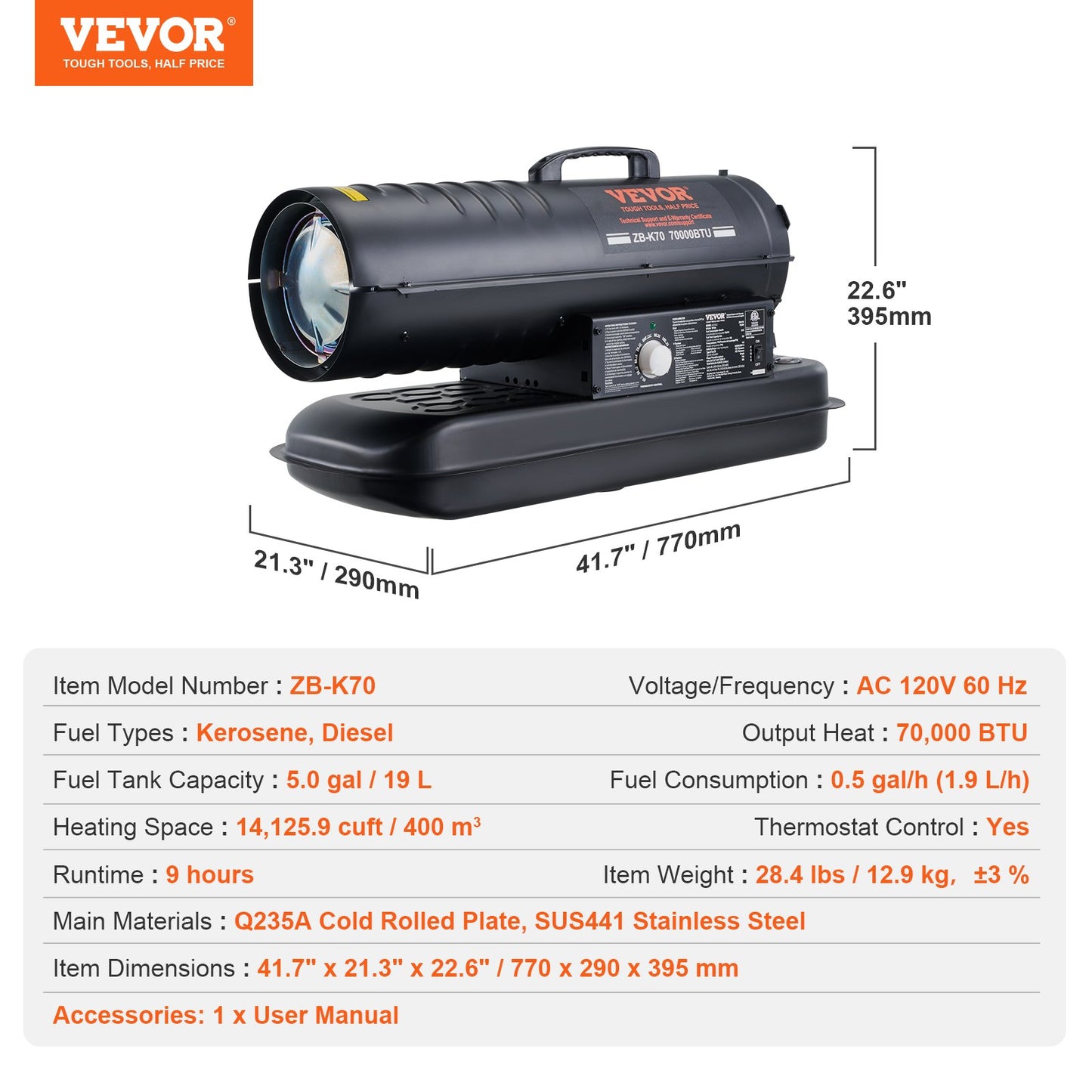 Kerosene Forced Air Heater, 70000 BTU Portable Torpedo Diesel Space Heater with Thermostat, 5 Gallon Tank Energy-Efficient heavy-duty Heater, for Indoor Outdoor Use Workshop Industry