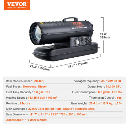 Kerosene Forced Air Heater, 70000 BTU Portable Torpedo Diesel Space Heater with Thermostat, 5 Gallon Tank Energy-Efficient heavy-duty Heater, for Indoor Outdoor Use Workshop Industry