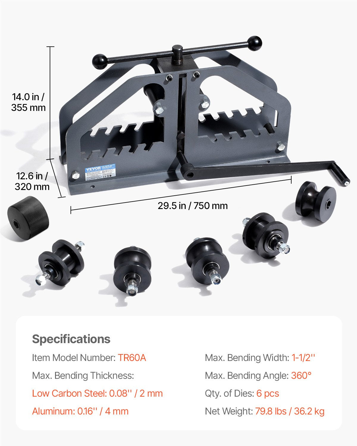 Rohrrollenbieger Max 1-1/2" Manueller Rohrrollenbieger mit 6 Matrizen