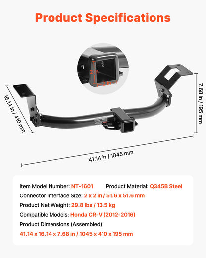 Class 3 Trailer Hitch, 2-Inch Receiver, 6000 lbs, Q345B Steel Tube Frame, Compatible with 2012-2016 Honda CR-V, Multi-Fit Hitch to Receive Ball Mount, Cargo Carrier, Bike Rack, Tow Hook, Black