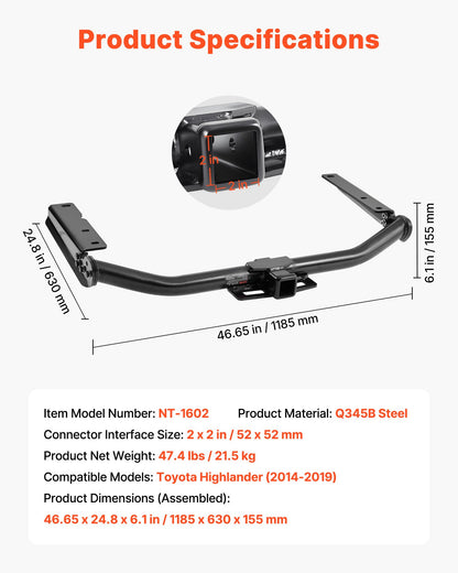 Class 3 Trailer Hitch, 2-Inch Receiver, Compatible with 2014-2019 Toyota Highlander, Q345B Steel Tube Frame, Multi-Fit Hitch to Receive Ball Mount, Cargo Carrier, Bike Rack, and Tow Hook, Black