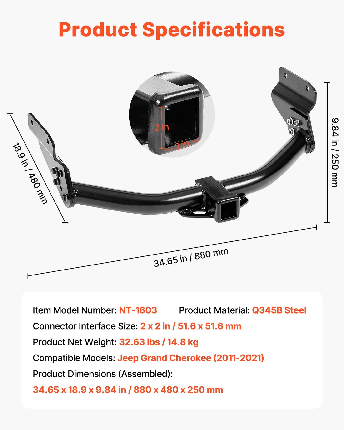 Class 3 Trailer Hitch, 2-Inch Receiver, Compatible with 2011-2021 Jeep Grand Cherokee, Q345B Steel Tube Frame, Multi-Fit Hitch to Receive Ball Mount, Cargo Carrier, Bike Rack, Tow Hook, Black