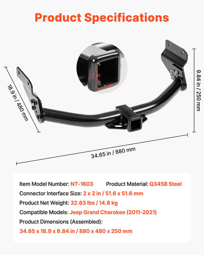 Class 3 Trailer Hitch, 2-Inch Receiver, Compatible with 2011-2021 Jeep Grand Cherokee, Q345B Steel Tube Frame, Multi-Fit Hitch to Receive Ball Mount, Cargo Carrier, Bike Rack, Tow Hook, Black