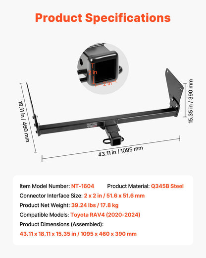 Class 3 Trailer Hitch, 2-Inch Receiver, 6000 lbs, Q345B Steel Tube Frame, Compatible with 2020-2024 Toyota RAV4, Multi-Fit Hitch to Receive Ball Mount, Cargo Carrier, Bike Rack, Tow Hook, Black