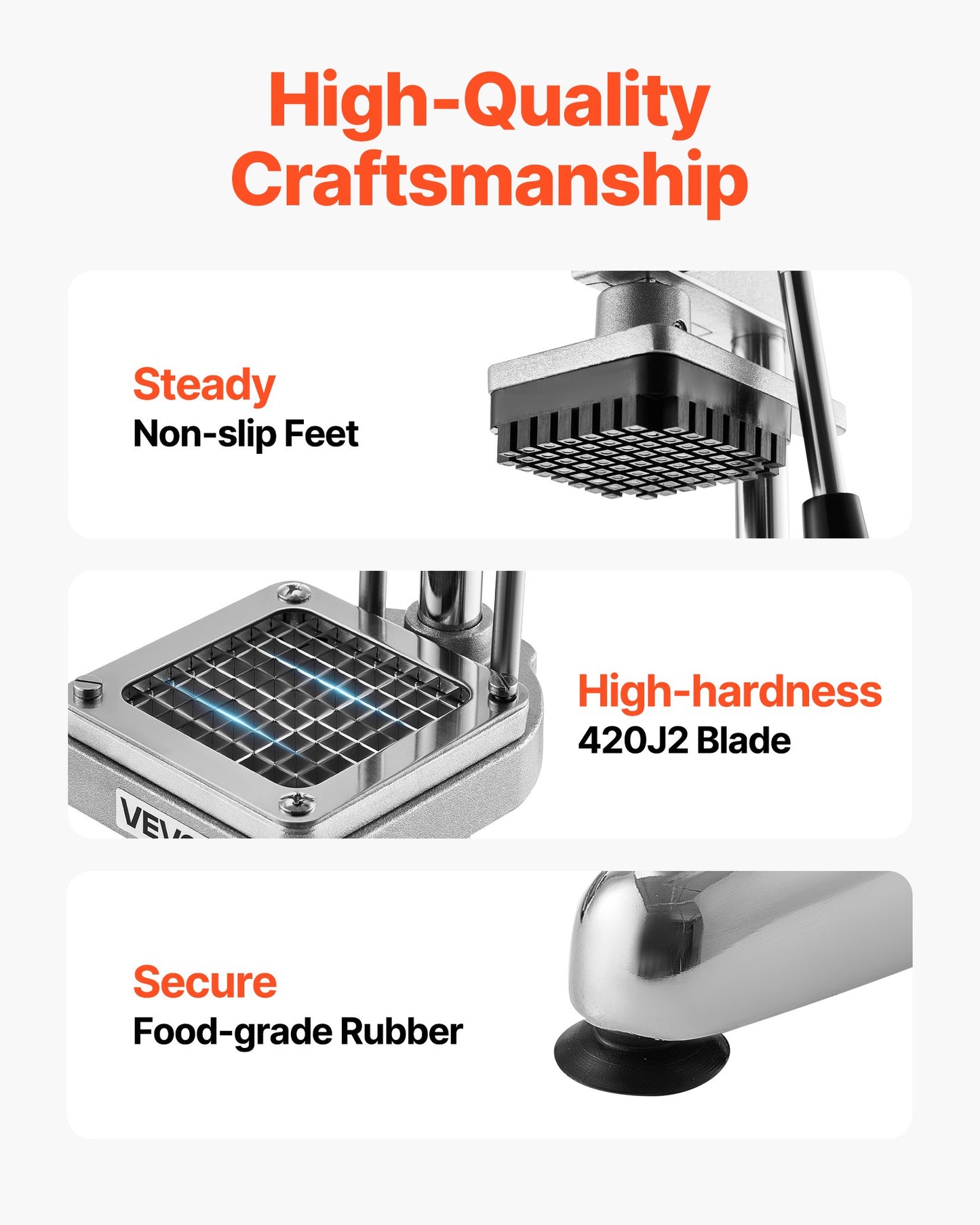 Commercial French Fry Cutter, Stainless Steel Vegetable Fruit Chopper with 3 Replacement Blades 1/2-Inch 3/8-Inch 1/4-Inch, Manual Potato Slicer Dicer for Restaurants & Home Kitchen