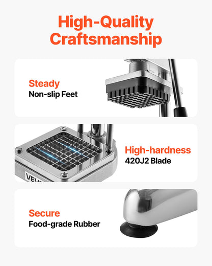 Commercial French Fry Cutter, Stainless Steel Vegetable Fruit Chopper with 3 Replacement Blades 1/2-Inch 3/8-Inch 1/4-Inch, Manual Potato Slicer Dicer for Restaurants & Home Kitchen