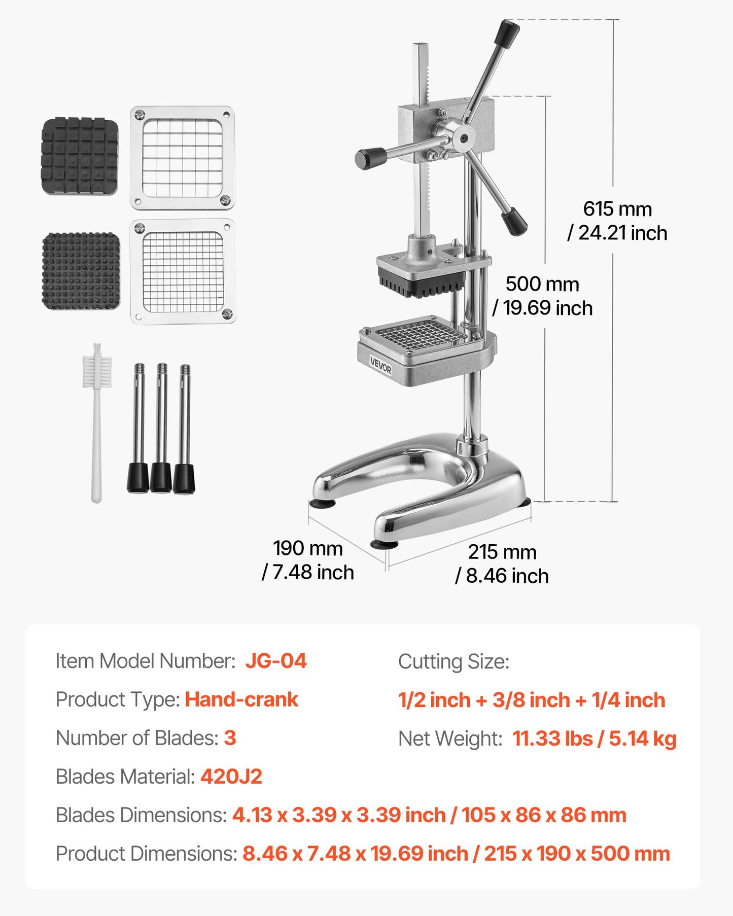Commercial French Fry Cutter, Stainless Steel Vegetable Fruit Chopper with 3 Replacement Blades 1/2-Inch 3/8-Inch 1/4-Inch, Manual Potato Slicer Dicer for Restaurants & Home Kitchen