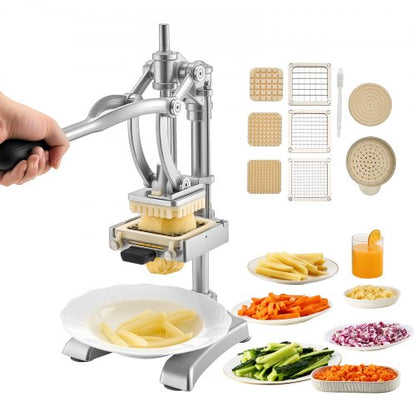 Commercial French Fry Cutter, Stainless Steel Vegetable Fruit Chopper with 3 Replacement Blades 1/2-Inch 3/8-Inch 1/4-Inch, and a Juicing Blade, Manual Potato Slicer Dicer for Restaurants & Home