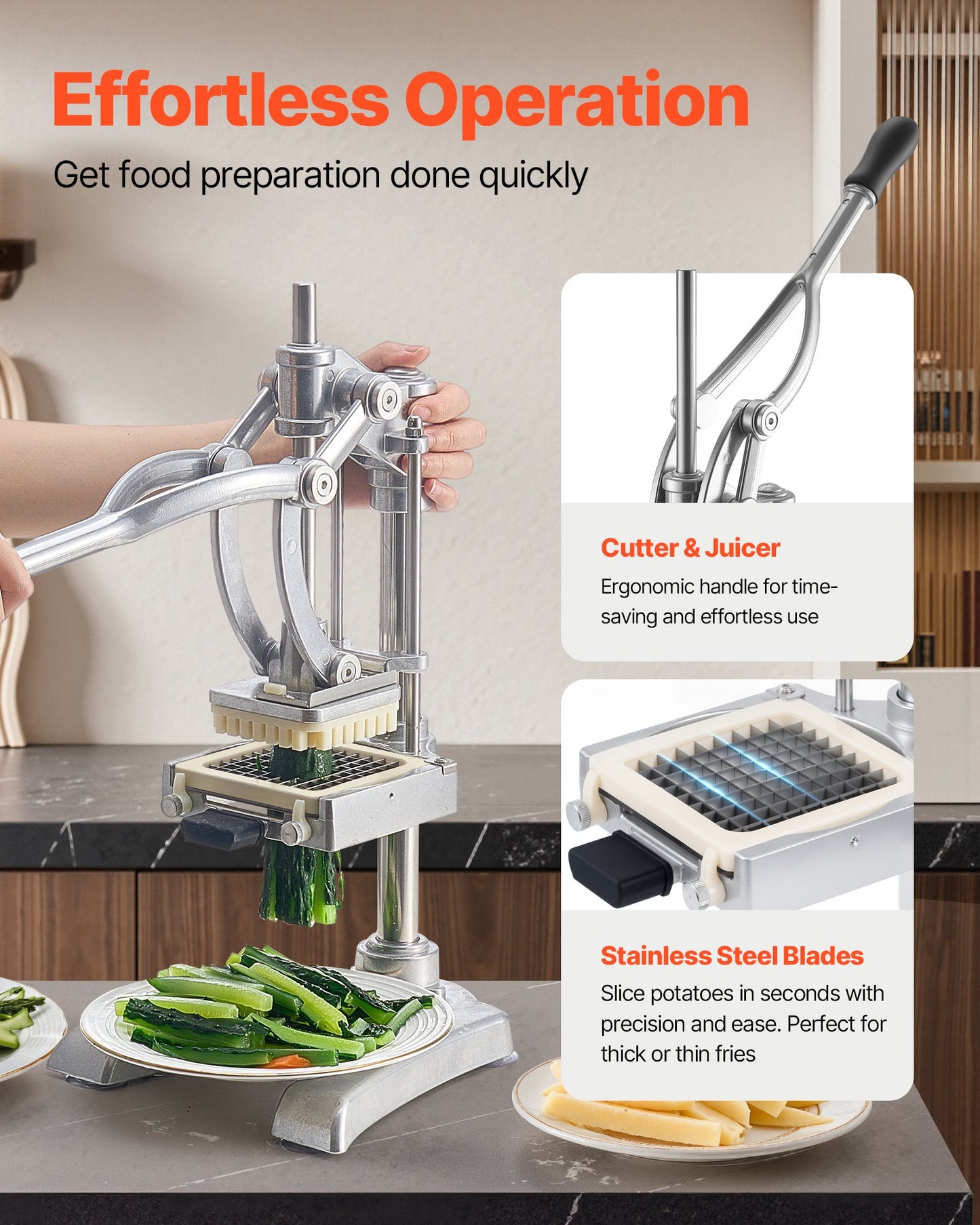 Commercial French Fry Cutter, Stainless Steel Vegetable Fruit Chopper with 3 Replacement Blades 1/2-Inch 3/8-Inch 1/4-Inch, and a Juicing Blade, Manual Potato Slicer Dicer for Restaurants & Home