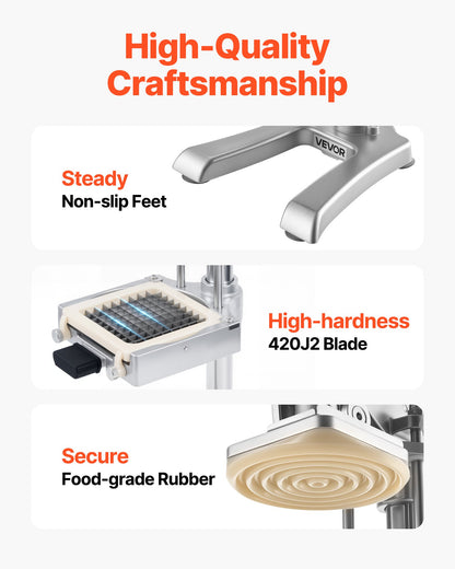 Commercial French Fry Cutter, Stainless Steel Vegetable Fruit Chopper with 3 Replacement Blades 1/2-Inch 3/8-Inch 1/4-Inch, and a Juicing Blade, Manual Potato Slicer Dicer for Restaurants & Home