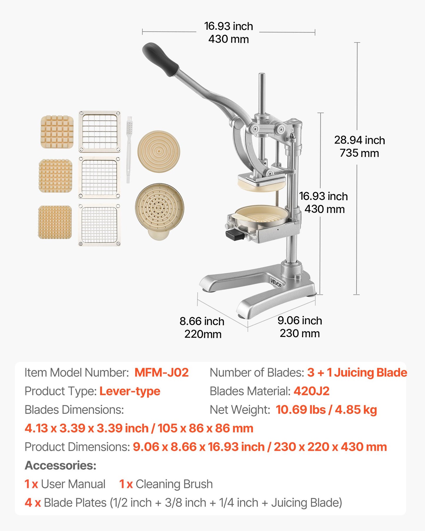 Commercial French Fry Cutter, Stainless Steel Vegetable Fruit Chopper with 3 Replacement Blades 1/2-Inch 3/8-Inch 1/4-Inch, and a Juicing Blade, Manual Potato Slicer Dicer for Restaurants & Home