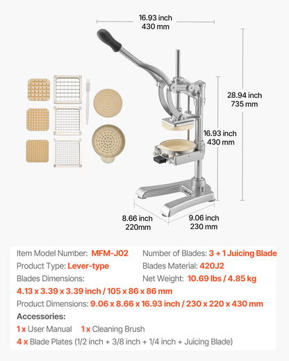 Commercial French Fry Cutter, Stainless Steel Vegetable Fruit Chopper with 3 Replacement Blades 1/2-Inch 3/8-Inch 1/4-Inch, and a Juicing Blade, Manual Potato Slicer Dicer for Restaurants & Home