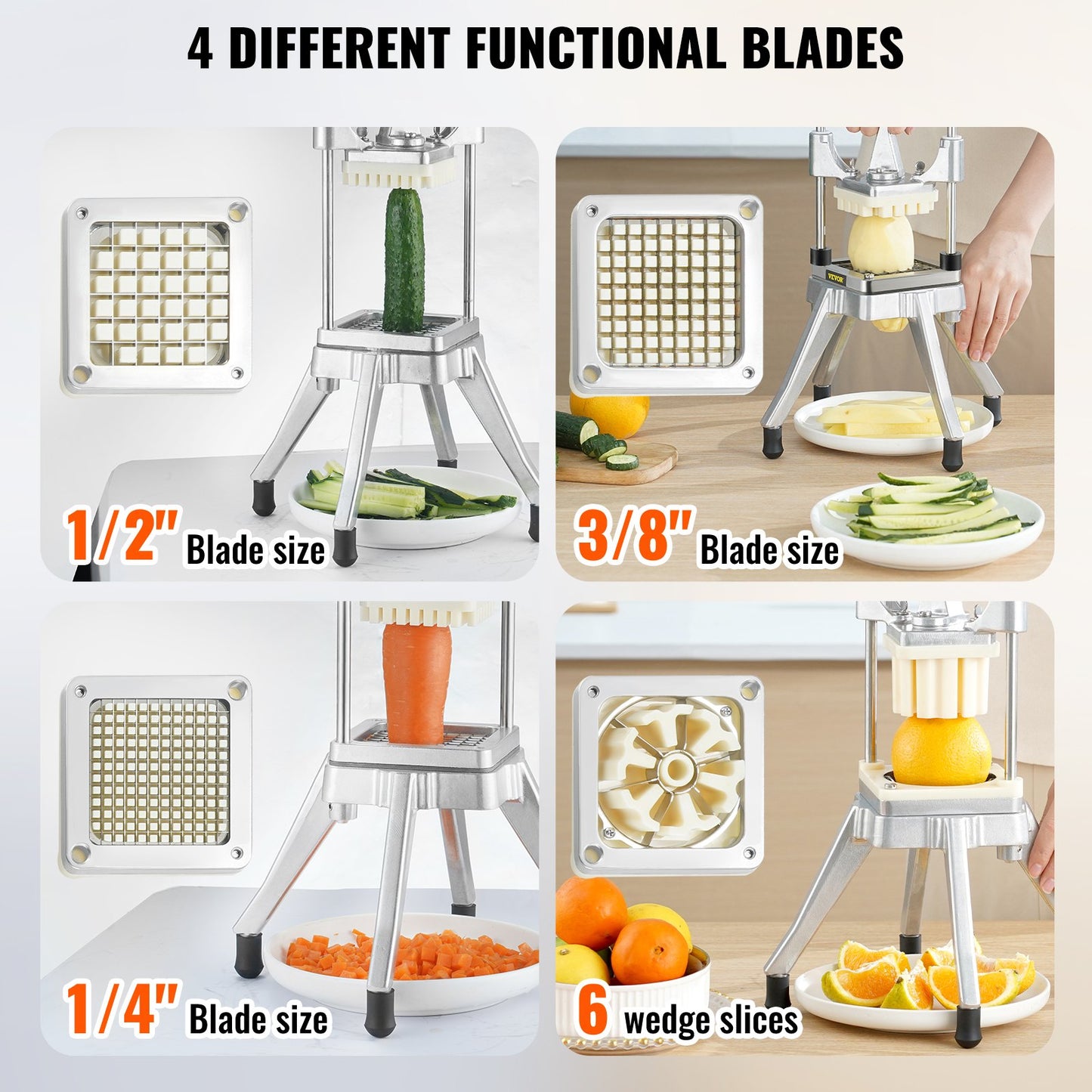 Commercial Vegetable Fruit Chopper, Stainless Steel French Fry Cutter with 4 Blades 1/4" 3/8" 1/2", 6-wedge Slicer, Chopper Dicer with Tray, Heavy Duty Cutter for Potato Tomato Onion Mushroom